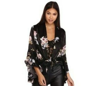 Black Satin Floral Print Wrap Top
